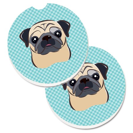 Carolines Treasures Checkerboard Blue Fawn Pug  Cup Holder Car Coaster, PK2 BB1200CARC